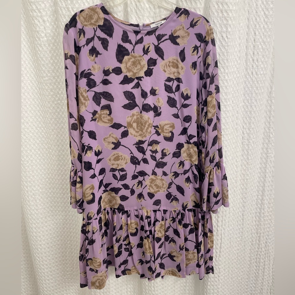 Ganni Carlton Georgette Dress Pastel Floral Purple Lilac Drop Waist. Size 8. - Picture 2 of 4